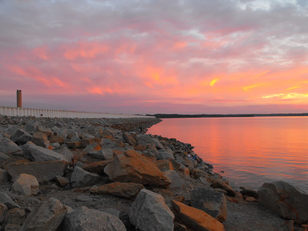 Lake Murray viewed across open blue water from the dam