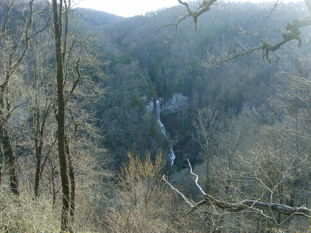 Raven Cliff Falls descending a distant rock face through winter forest